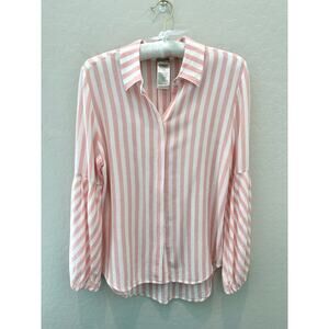 CHICO’S | Pink & White Stripe Lightweight Button Front Balloon Sleeve Top |Small